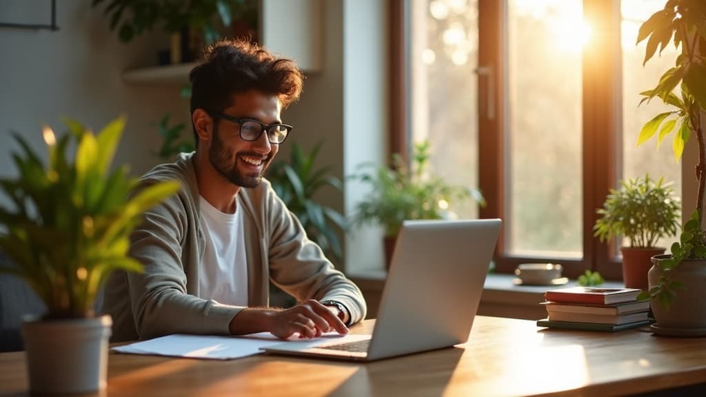 Student studying online with a laptop in a bright modern space